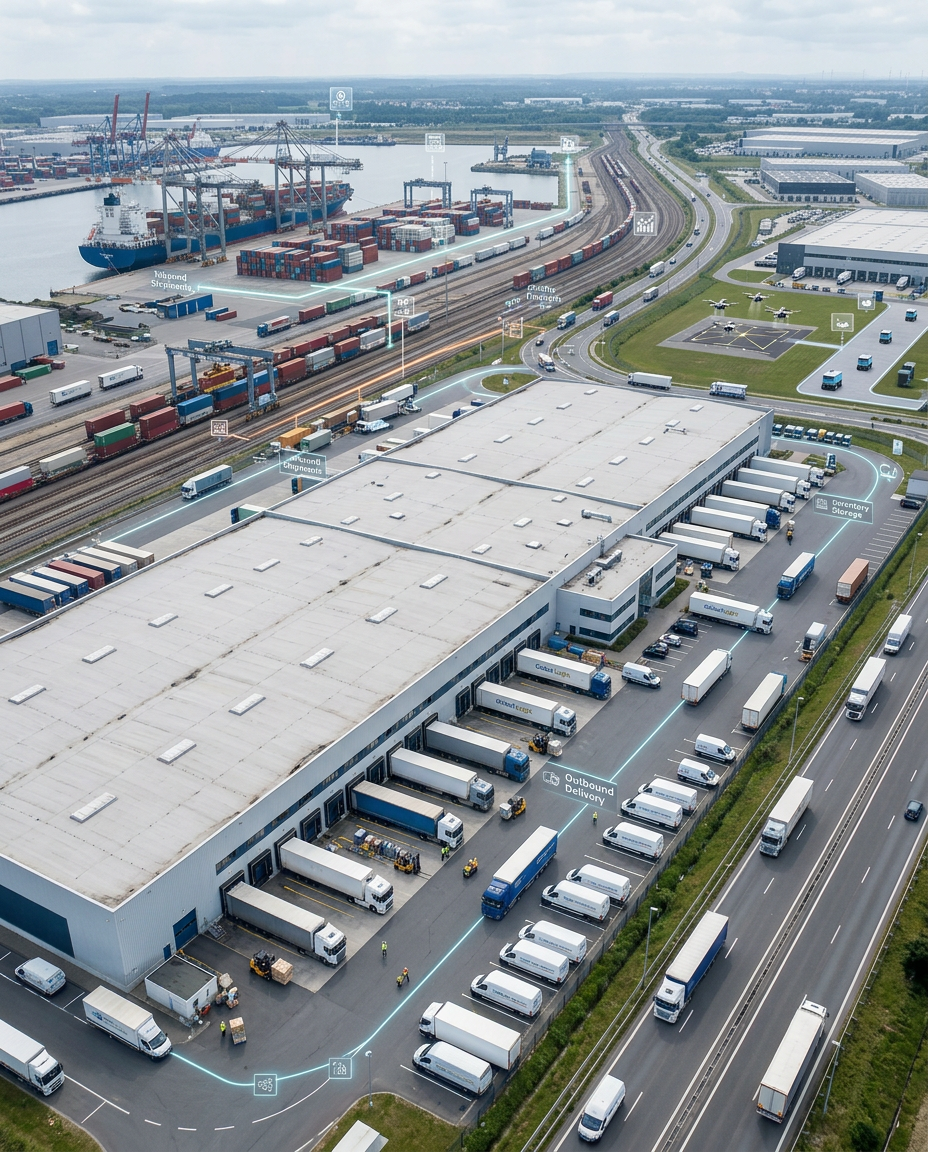 Aerial view of a logistics warehouse and loading bays