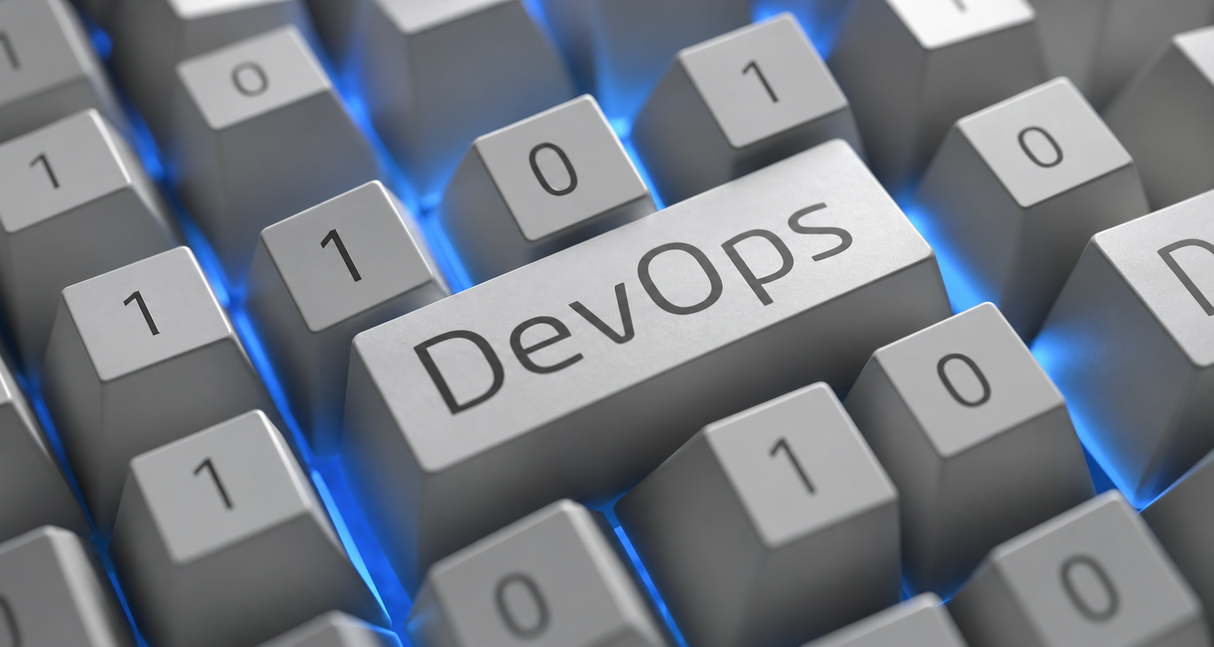 Keyboard keys labelled DevOps glowing blue