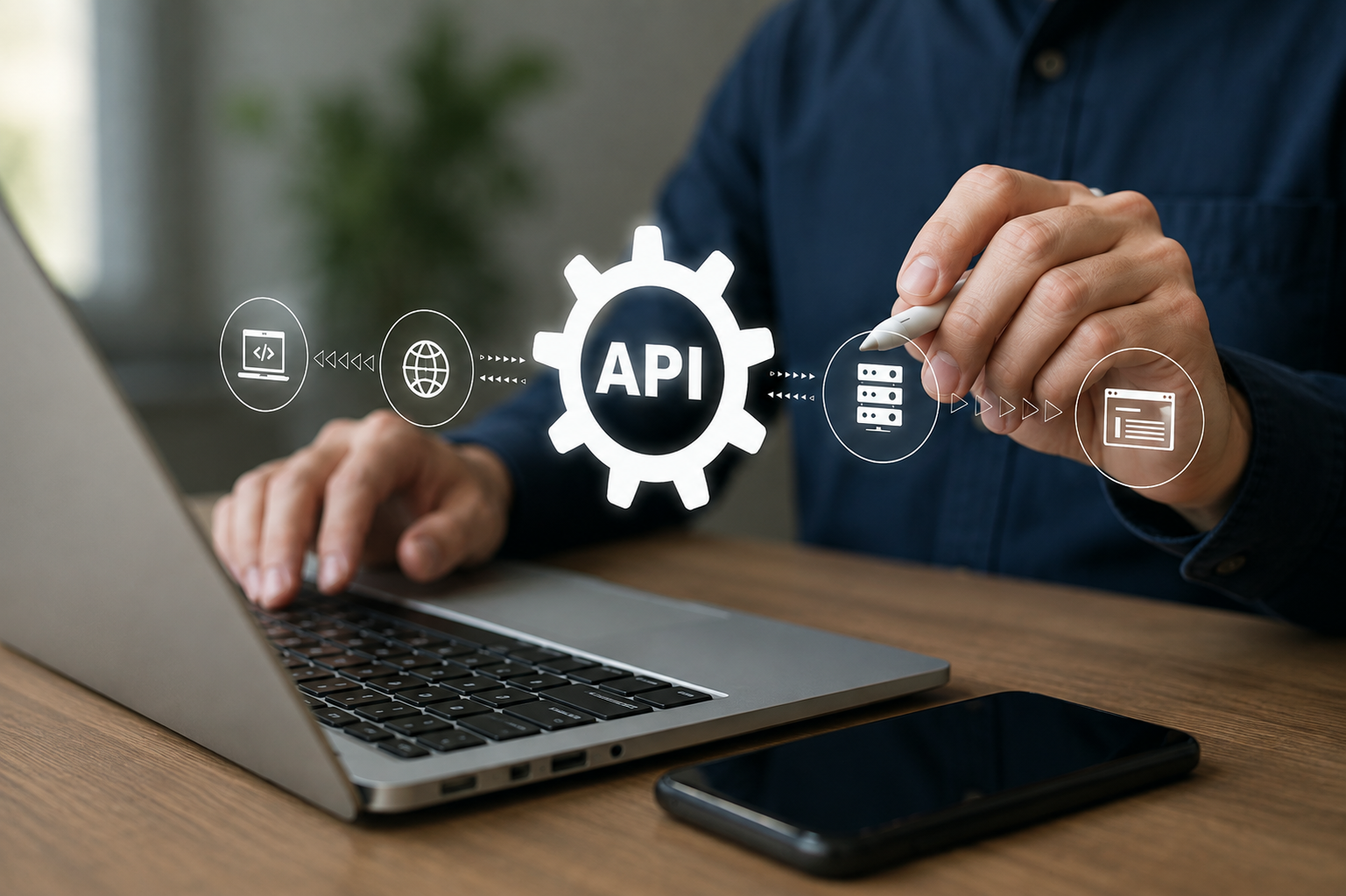 Person working on a laptop with a glowing API gear icon connected to server, web and browser icons